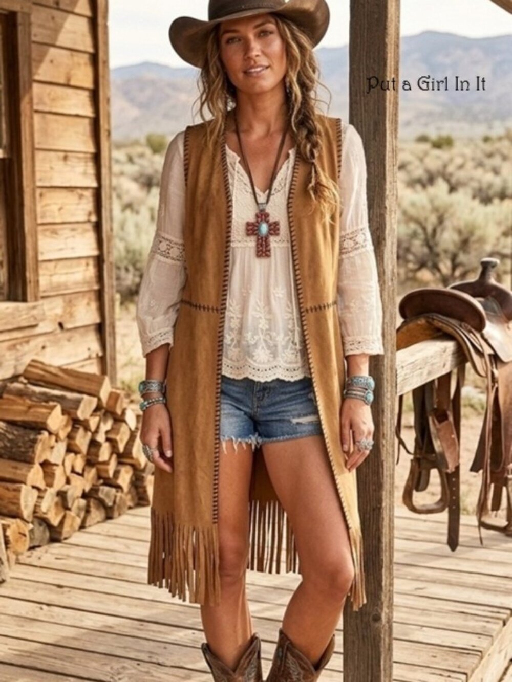 Vocal Apparel Western Women's Brown Faux Suede Whipstitch Fringe Vest Shirt S